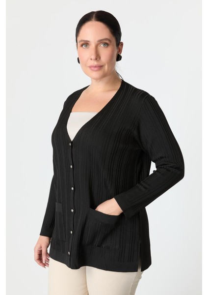 Büyük Beden Kendinden Desenli Triko Hırka-Siyah fırsatları