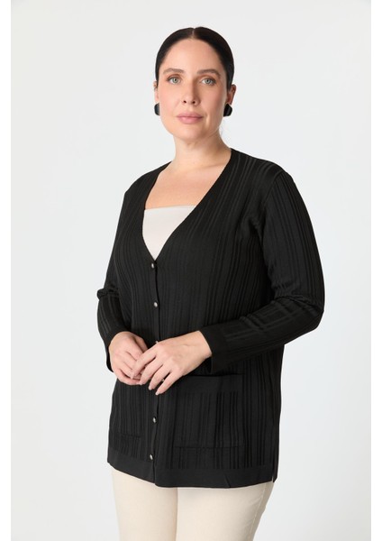 Büyük Beden Kendinden Desenli Triko Hırka-Siyah indirimleri