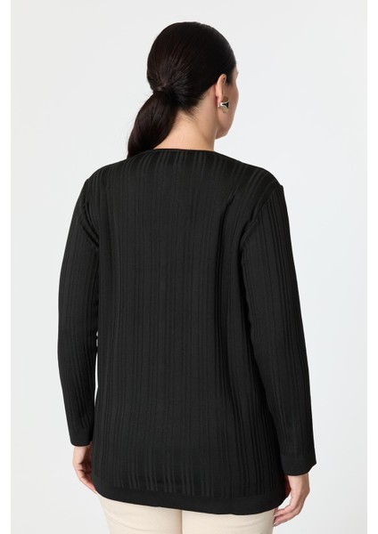 Büyük Beden Kendinden Desenli Triko Hırka-Siyah