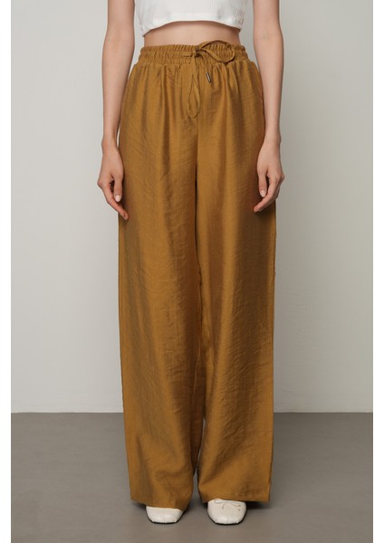 Kadın Düz Renk Beli Lastikli Bol Paça Pantolon