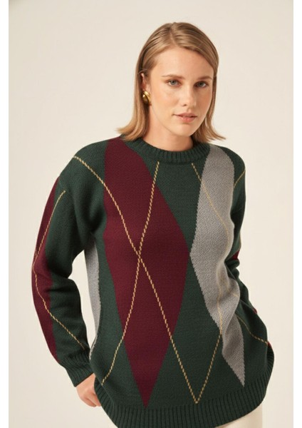 Kadın Baklava Desenli Kazak Zümrüt 25094