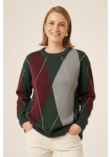 Kadın Baklava Desenli Kazak Zümrüt 25094 modelleri