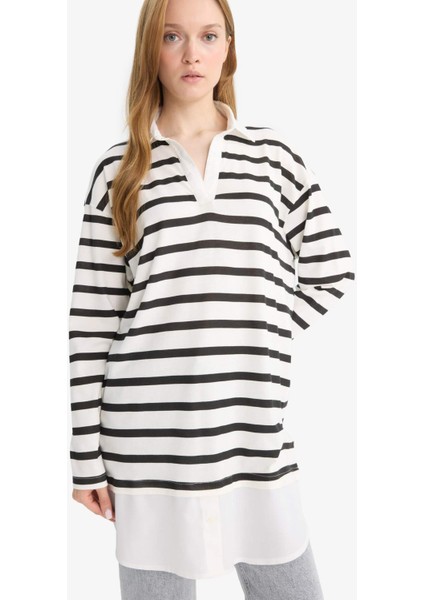 Regular Fit Polo Yaka Çizgili Uzun Kollu Tunik