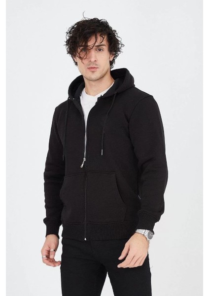 Erkek Kapüşonlu Düz Fermuarlı Hırka - Siyah fiyatları