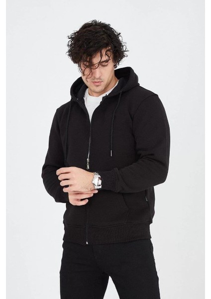 Erkek Kapüşonlu Düz Fermuarlı Hırka - Siyah modelleri