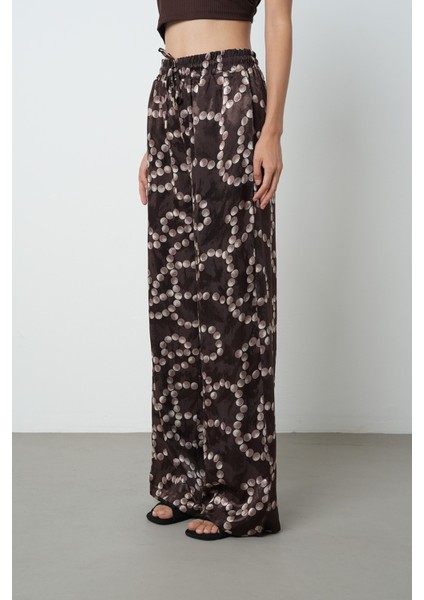 Kadın Kahverengi Desenli Bol Paça Beli Lastikli Bağcıklı Pantolon fiyatları