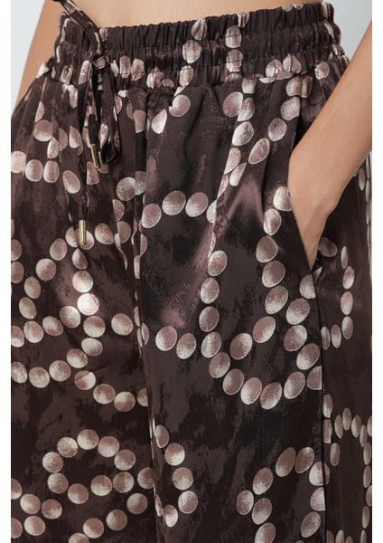 Kadın Kahverengi Desenli Bol Paça Beli Lastikli Bağcıklı Pantolon fırsatları