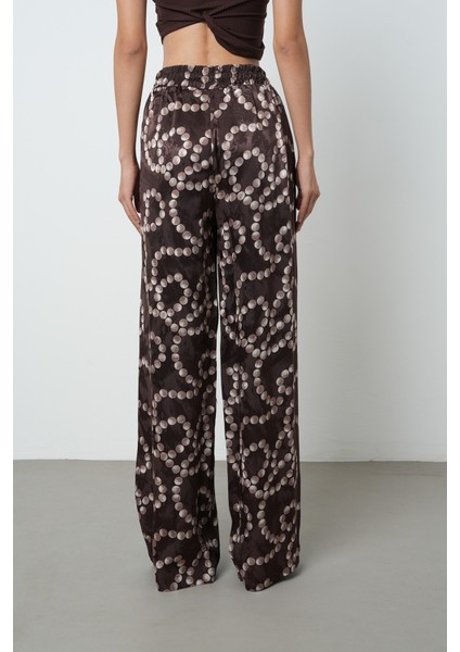 Kadın Kahverengi Desenli Bol Paça Beli Lastikli Bağcıklı Pantolon indirimleri