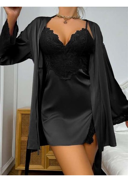 Dantel Işlemeli Ince Askılı Siyah 2'li Saten Gecelik Sabahlık Takımı