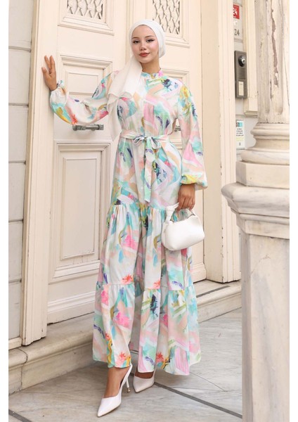 Kadın Bdart Düğmeli ve Kuşak Detaylı Bisiklet Yaka Maxi Elbise Gök Mavisi