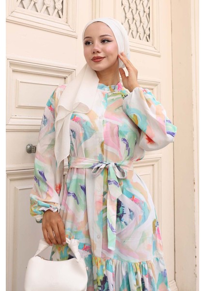 Kadın Bdart Düğmeli ve Kuşak Detaylı Bisiklet Yaka Maxi Elbise Gök Mavisi fiyatları