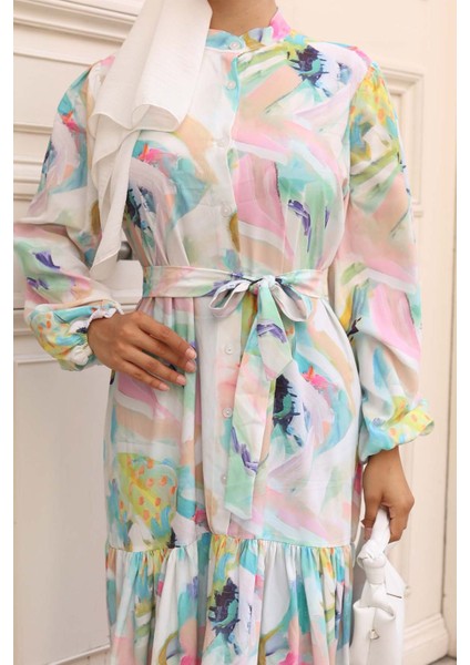 Kadın Bdart Düğmeli ve Kuşak Detaylı Bisiklet Yaka Maxi Elbise Gök Mavisi modelleri