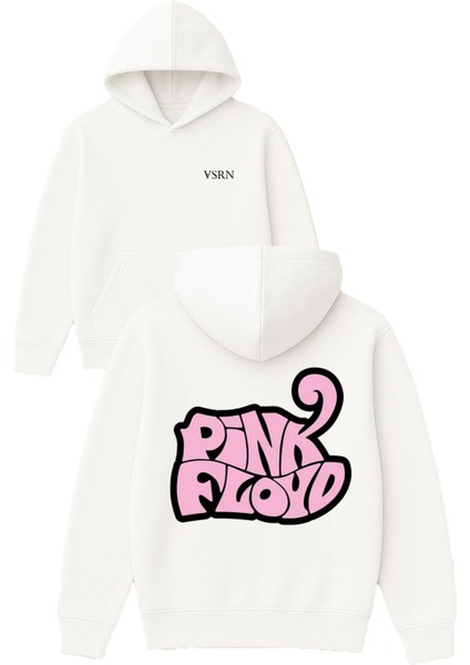 Pembe Floyd Tasarım Baskılı Oversize Beyaz Kapüşonlu Sweatshirt