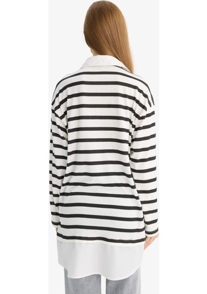 Regular Fit Polo Yaka Çizgili Uzun Kollu Tunik