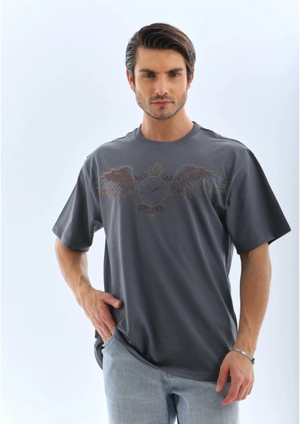 Unisex Oversize Taşlı Bisiklet Yaka T-Shirt - Füme indirimleri