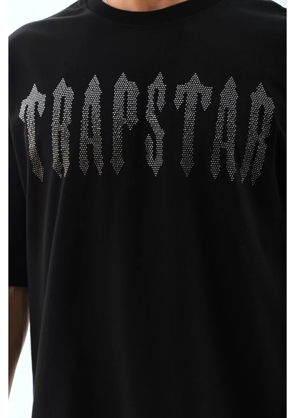 Unisex Oversize Taşlı Bisiklet Yaka T-Shirt - Siyah modelleri