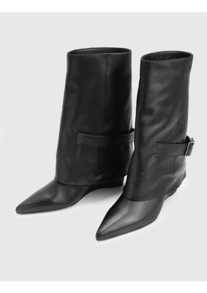 Izerba Hakiki Deri Siyah Kadın Topuklu Çizme