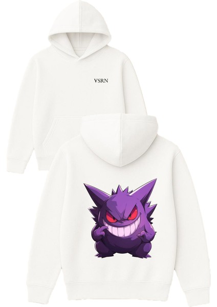 Mor Anime Yaratık Tasarım Baskılı Oversize Beyaz Kapüşonlu Sweatshirt
