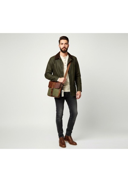 Natderi Hakiki Deri Kanvas Omuz Çantası | Ayarlanabilir Askılı, Fermuarlı Arka Cepli, 20X21 cm