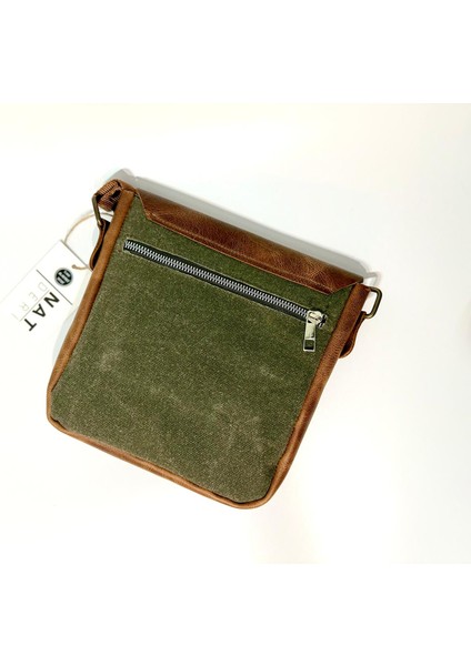 Natderi Hakiki Deri Kanvas Omuz Çantası | Ayarlanabilir Askılı, Fermuarlı Arka Cepli, 20X21 cm