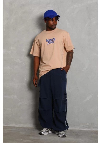 Unisex Oversize Baskılı Bisiklet Yaka T-Shirt - Bej fiyatları