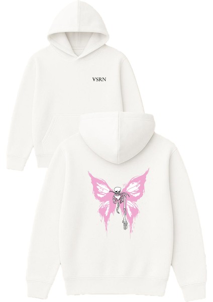 Iskelet Kelebek Tasarım Baskılı Oversize Beyaz Kapüşonlu Sweatshirt