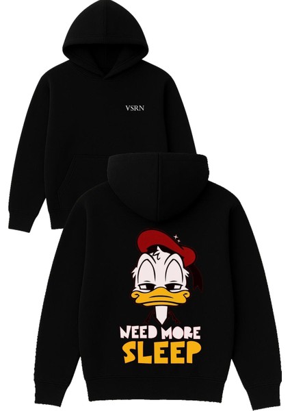 Need More Sleep Tasarım Baskılı Oversize Siyah Kapüşonlu Sweatshirt