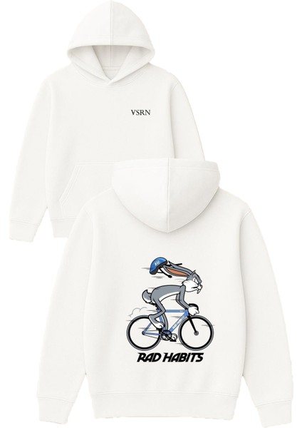 Hızlı Tavşan Tasarım Baskılı Oversize Beyaz Kapüşonlu Sweatshirt