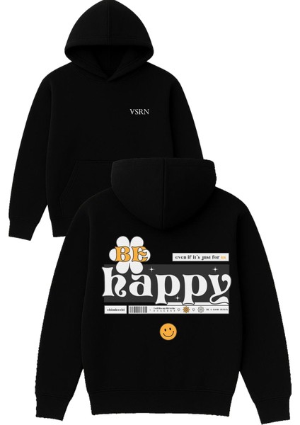 Be Happy Tasarım Baskılı Oversize Siyah Kapüşonlu Sweatshirt