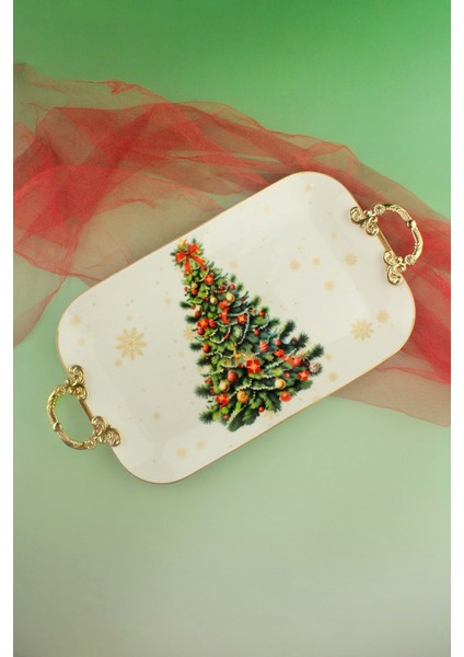 Christmas Tree Gold Metal Saplı Porselen Tepsi
