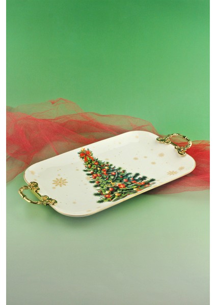 Christmas Tree Gold Metal Saplı Porselen Tepsi modelleri