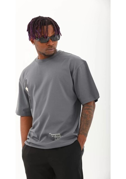 Unisex Oversize Baskılı Bisiklet Yaka T-Shirt - Füme