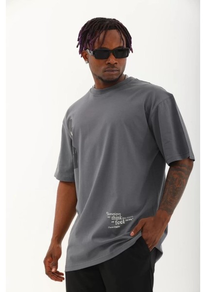 Unisex Oversize Baskılı Bisiklet Yaka T-Shirt - Füme fiyatları