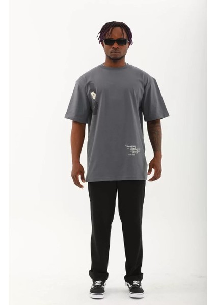 Unisex Oversize Baskılı Bisiklet Yaka T-Shirt - Füme fırsatları