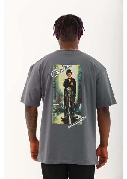 Unisex Oversize Baskılı Bisiklet Yaka T-Shirt - Füme indirimleri