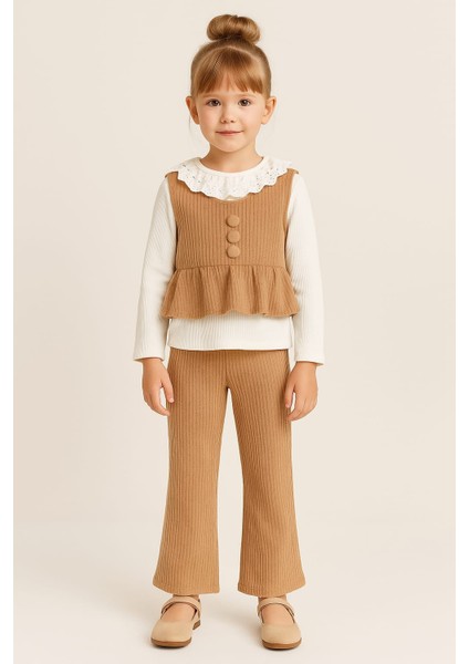 Saç Örgü Desenli Yaka Dantel Detaylı Kız Çocuk Takım