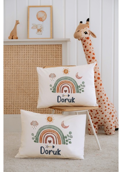 %100 Pamuk Isme Özel 2li Ekru Bebek Yastık Kılıfı 35X45 Cm-Gökkuşağı