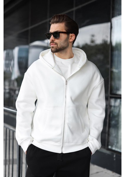 Ekru Fermuarlı Kapüşonlu Erkek Hırka E7174