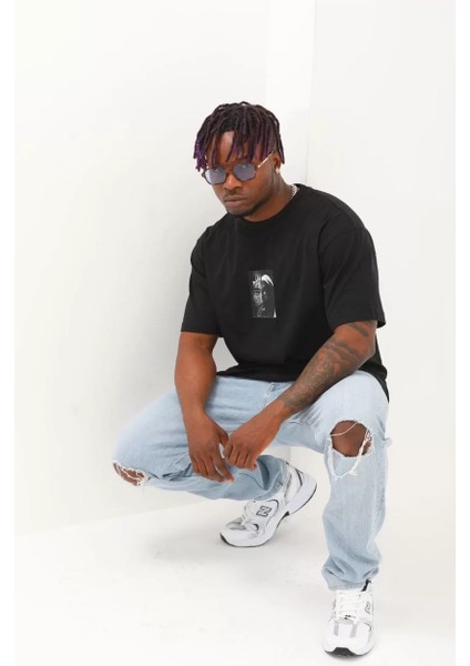 Unisex Oversize Baskılı Bisiklet Yaka T-Shirt - Siyah modelleri