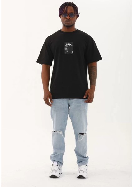 Unisex Oversize Baskılı Bisiklet Yaka T-Shirt - Siyah fırsatları