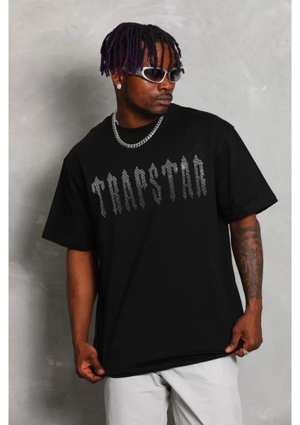 Unisex Oversize Taşlı Bisiklet Yaka T-Shirt - Siyah modelleri