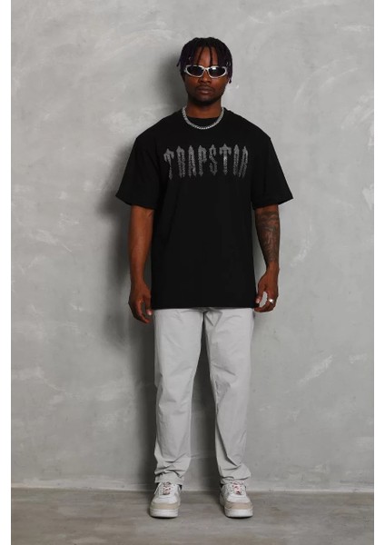 Unisex Oversize Taşlı Bisiklet Yaka T-Shirt - Siyah fırsatları