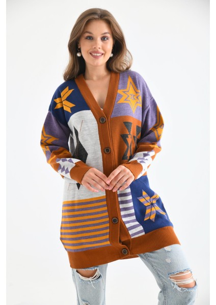 Women Ftz Women Kadın Etnik Desen Hırka Kiremit 21-6313