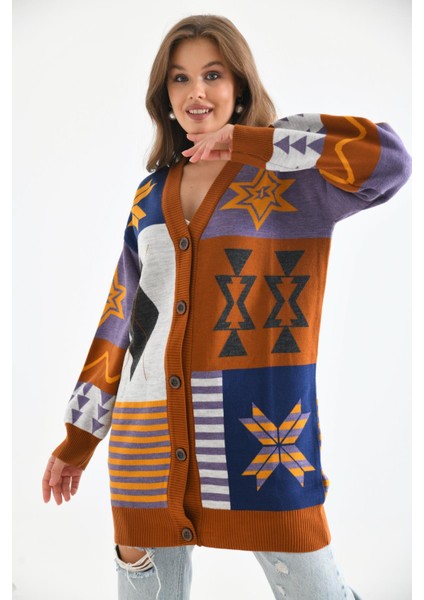 Women Ftz Women Kadın Etnik Desen Hırka Kiremit 21-6313