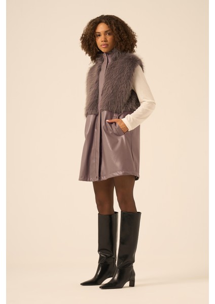 Bayan Pelüs Detay Deri Yelek Füme 31243