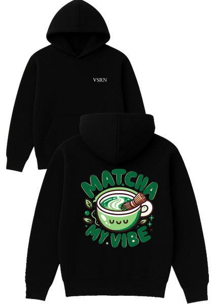 Matcha Vıbe Tasarım Baskılı Oversize Siyah Kapüşonlu Sweatshirt