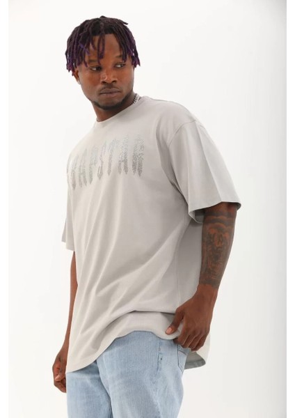 Unisex Oversize Taşlı Bisiklet Yaka T-Shirt - Gri modelleri