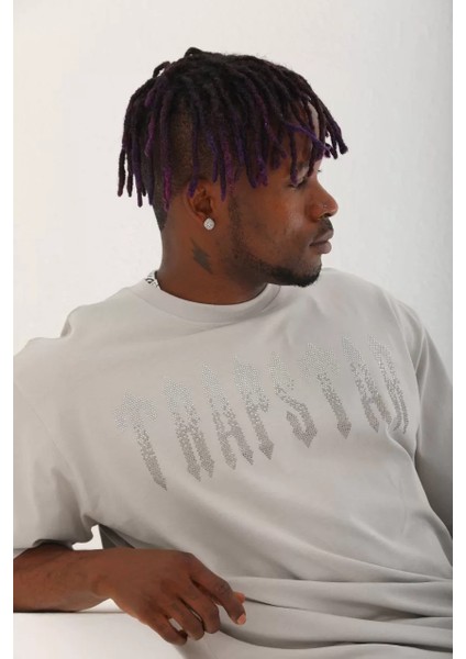 Unisex Oversize Taşlı Bisiklet Yaka T-Shirt - Gri fırsatları