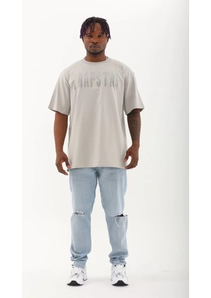 Unisex Oversize Taşlı Bisiklet Yaka T-Shirt - Gri indirimleri