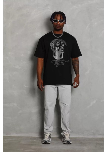 Unisex Oversize Taşlı Bisiklet Yaka T-Shirt - Siyah indirimleri
